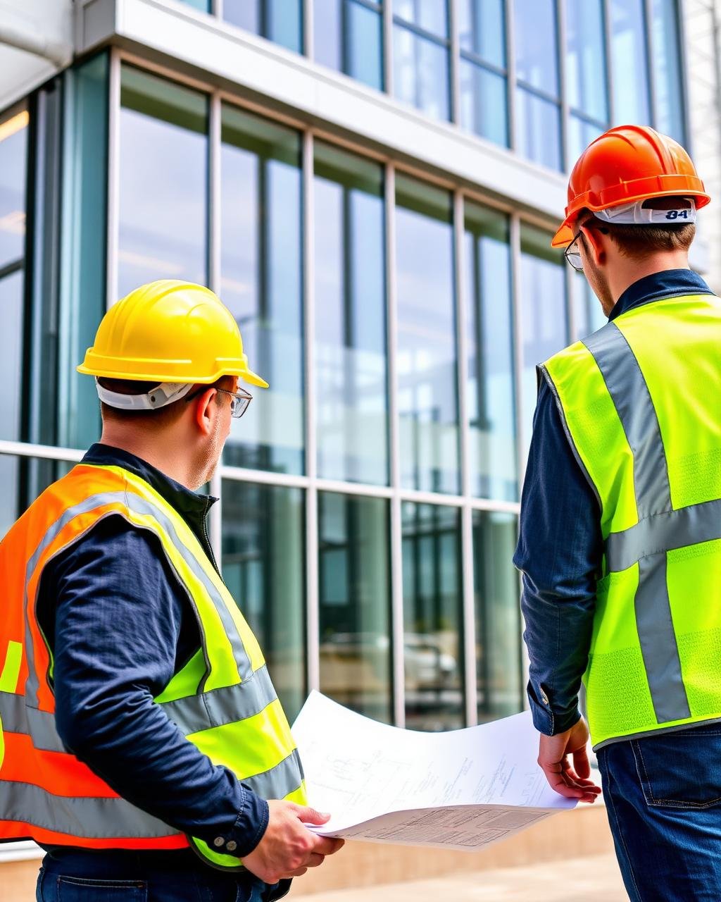 مهندسون يراجعون مخططات أمام واجهة زجاج وألومنيوم قيد التركيب