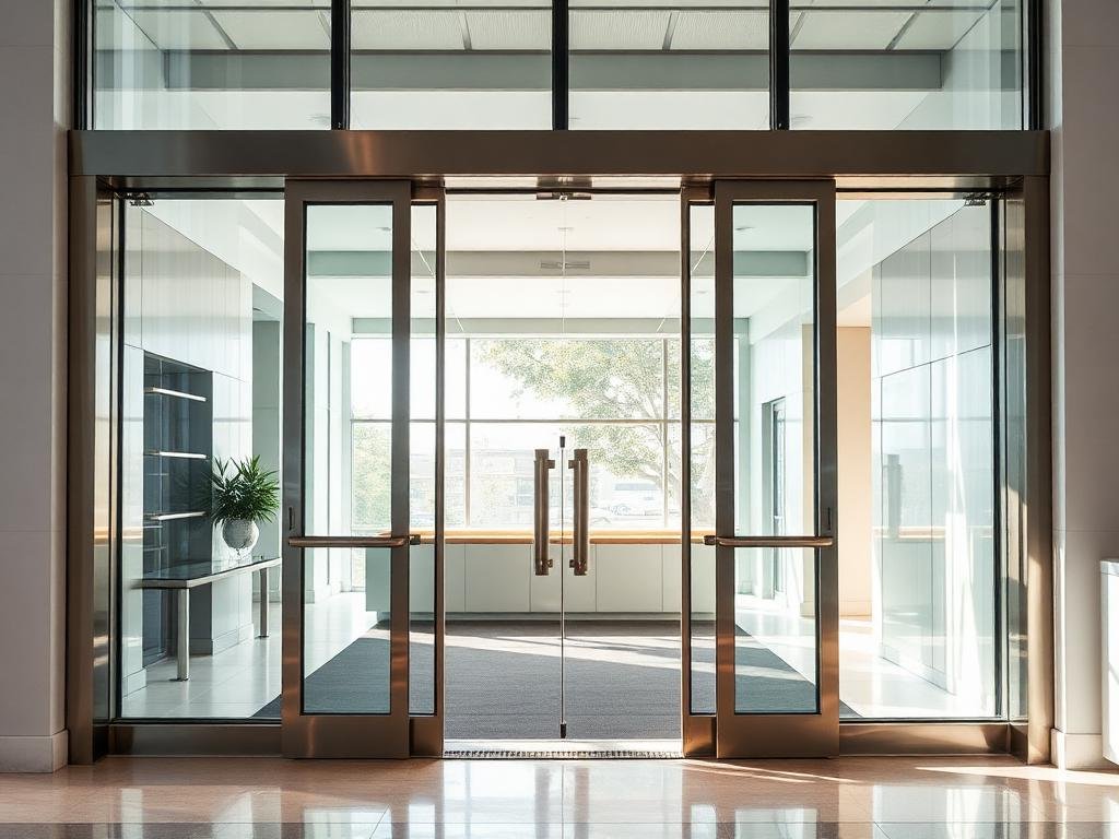 أبواب زجاج أوتوماتيكية عند مدخل مبنى حديث